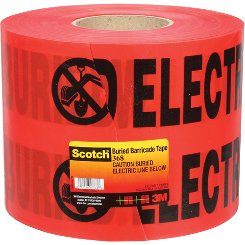 Ruban pour barri&egrave;res pour services publics souterrains Scotch, Anglais, 6" la x 1000' lo, 4 mils, Noir/rouge Action Paper