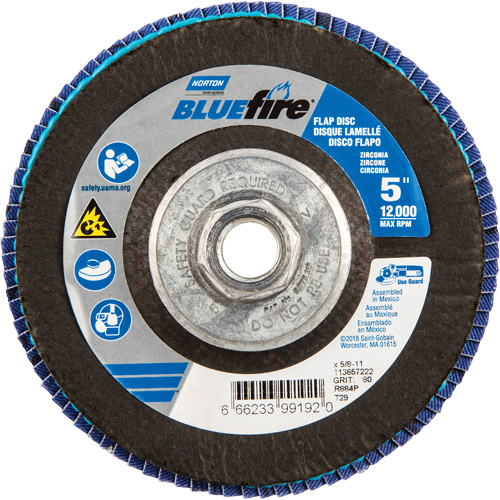 BlueFire&reg; Flap Disc, 5" x 5/8"-11, Type 29, 80 Grit, Zirconia Alumina Action Paper