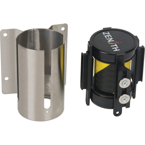 Wall Mount Barrier with Magnetic Tape, Steel, Screw Mount, 7', Black and Yellow Tape Action Paper