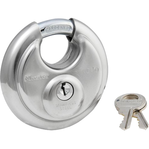Shrouded Disc Padlock, Silver, Keyed Different, Stainless Steel, 2-3/4" Width Action Paper