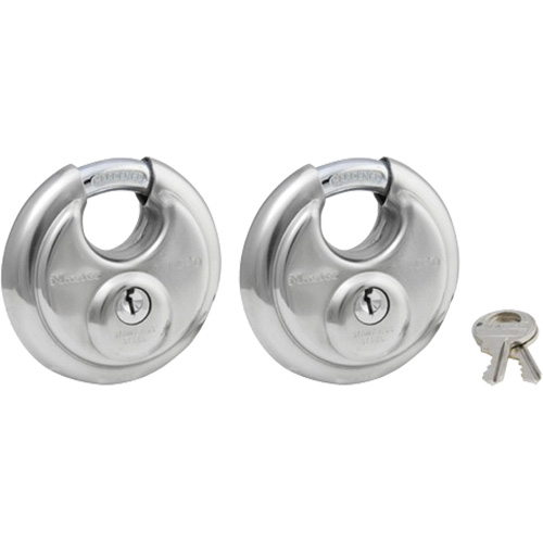 Shrouded Disc Padlocks, Silver, Keyed Alike, Stainless Steel, 2-3/4" Width Action Paper
