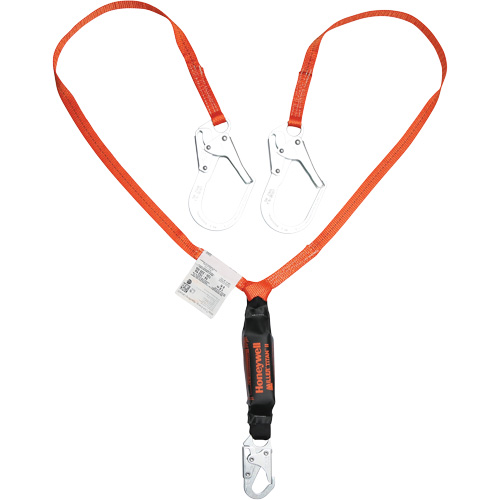 Titan Shock-Absorbing Lanyard, 6', Locking Rebar Hook Center, Locking Snap Hook Leg Ends, Polyester Action Paper