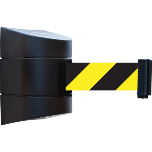 Tensabarrier&reg; Wall Unit, Steel, Screw Mount, 30', Black and Yellow Tape Action Paper
