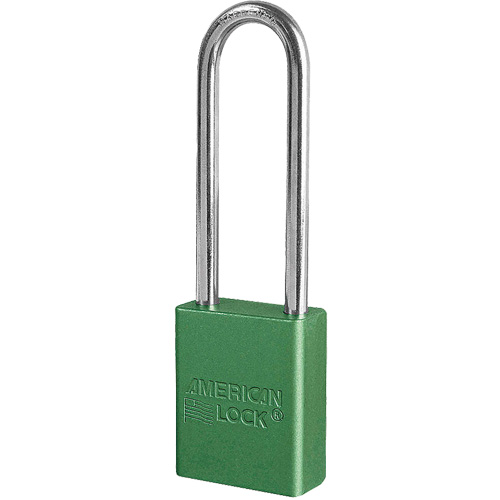 American Lock&reg; Safety Padlock, Green, Keyed Different, Aluminum, 1-1/2" Width Action Paper