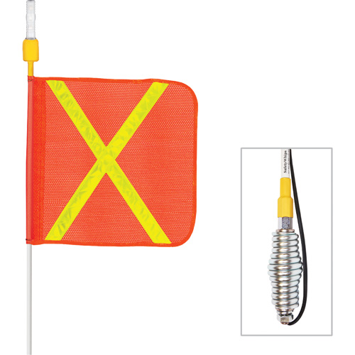 Tiges de s&eacute;curit&eacute; tout-temps de s&eacute;rie lourde avec lumi&egrave;re DEL constante Safety Whip, Fixation Ressort, Hauteur 5', Orange avec X r&eacute;fl&eacute;chissant Action Paper