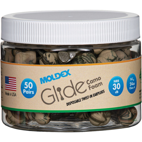 Glide&reg; Camo Foam Earplugs, Bulk - Canister Action Paper
