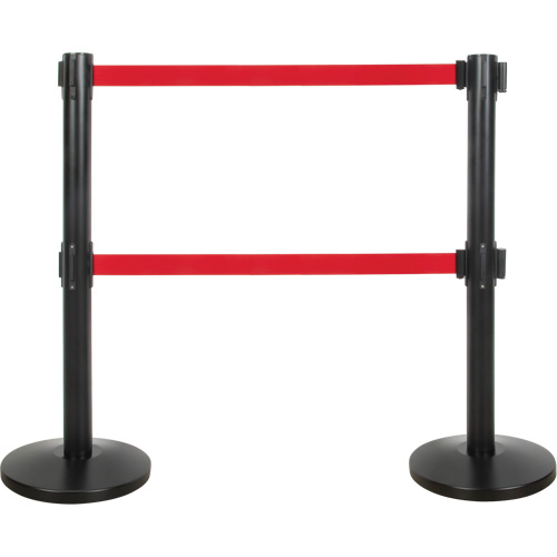 Dual Belt Crowd Control Barrier, Steel, 35" H, Red Tape, 7' Tape Length Action Paper