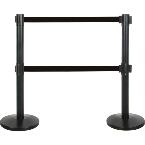 Dual Belt Crowd Control Barrier, Steel, 35" H, Black Tape, 7' Tape Length Action Paper