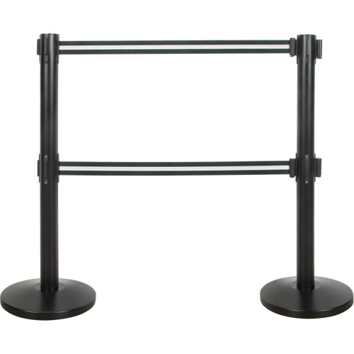 Barri&egrave;re pour le contr&ocirc;le des foules &agrave; courroie double, Acier, 35" h, Ruban Noir/Blanc, Longueur du ruban 7' Action Paper