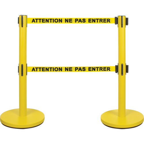 Dual Belt Crowd Control Barrier, Steel, 35" H, Yellow Tape, 7' Tape Length Action Paper