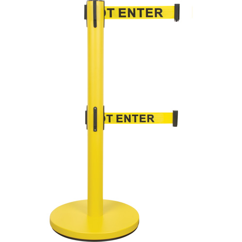 Dual Belt Crowd Control Barrier, Steel, 35" H, Yellow Tape, 7' Tape Length Action Paper