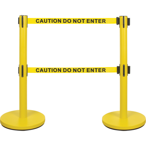 Dual Belt Crowd Control Barrier, Steel, 35" H, Yellow Tape, 7' Tape Length Action Paper