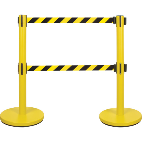 Dual Belt Crowd Control Barrier, Steel, 35" H, Black/Yellow Tape, 7' Tape Length Action Paper