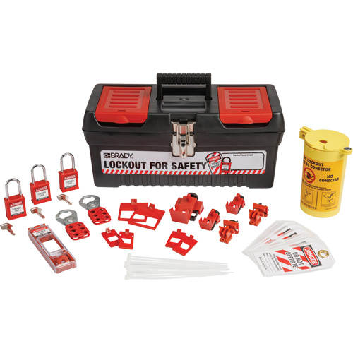 Trousse de cadenassage et d&eacute;tiquetage &eacute;lectrique avec cadenas de s&eacute;curit&eacute; en nylon dans une boîte &agrave; outils, Ensemble &eacute;lectrique, 33 composants compris Action Paper