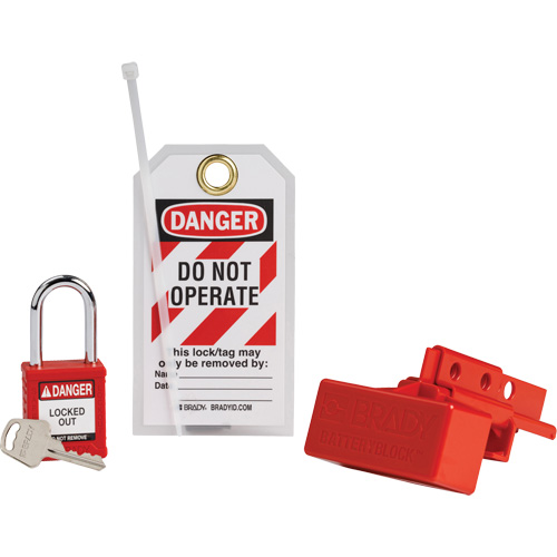 Dispositif de cadenassage pour connecteurs dalimentation de chariot &eacute;l&eacute;vateur BatteryBlock avec cadenas de s&eacute;curit&eacute; en nylon, Ensemble &eacute;lectrique, 3 composants compris Action Paper