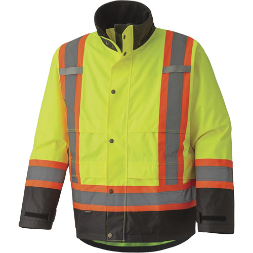 5401 Veste de s&eacute;curit&eacute; imperm&eacute;able 300D Trilobal antid&eacute;chirure, Polyester, Noir/Jaune lime haute visibilit&eacute;, T-petit Action Paper