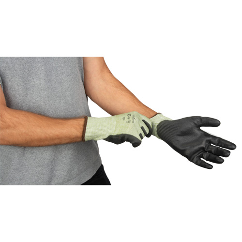 Eco-Friendly Seamless Cut-Resistant Gloves, Size 9, 13 Gauge, Polyurethane Coated, HPPE/RPET Shell, ASTM ANSI Level A4 Action Paper