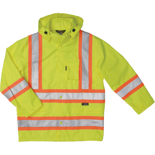 Ripstop Safety Rain Jacket, Polyester, Small, High Visibility Lime-Yellow Action Paper