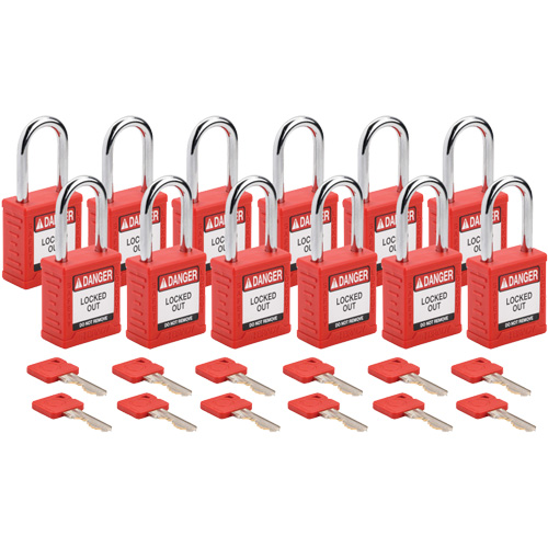Velocity Lockout Padlocks, Red, Keyed Alike, Nylon, 1-1/2" Width Action Paper
