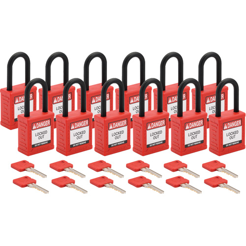 Velocity Lockout Padlocks, Red, Keyed Different, Nylon, 1-1/2" Width Action Paper