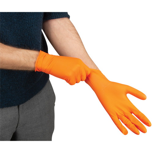Heavyweight Tactile Grip Examination Gloves, Large, Nitrile, 8-mil, Powder-Free, Orange Action Paper