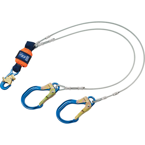 Energy Absorbing Lanyard, 6', Rebar Hook Center, Snap Hook Leg Ends, Metal Action Paper