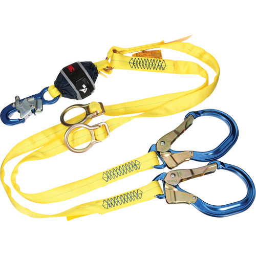 Twin-Leg Tie-Back Web Shock-Absorbing Lanyard, 6', Rebar Hook Center, Snap Hook Leg Ends, Polyester Action Paper