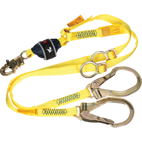 Twin-Leg Tie-Back Web Shock-Absorbing Lanyard, 6', Rebar Hook Center, Snap Hook Leg Ends, Polyester Action Paper
