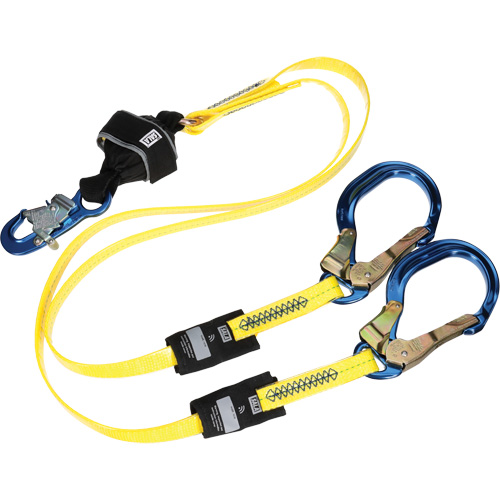 Twin-Leg Arc Flash Coated Web Shock-Absorbing Lanyard, 6', Rebar Hook Center, Snap Hook Leg Ends Action Paper