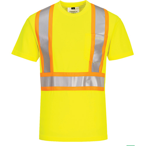 Contrast-Striped Safety T-Shirt, Polyester, Small, High Visibility Lime-Yellow Action Paper
