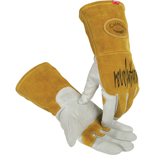 Caiman&reg; Premium TIG/MIG Welder's Gloves with FR Insulated Split Cowhide Back, Grain Goatskin, Size Small Action Paper