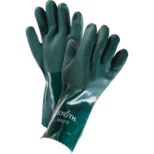 Double Dipped Green Gloves, 14" L, PVC, Cotton Jersey Inner Lining, 70-mil Action Paper
