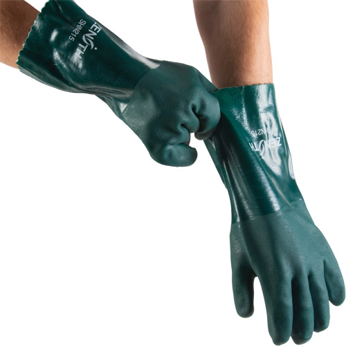 Double Dipped Green Gloves, 14" L, PVC, Cotton Jersey Inner Lining, 70-mil Action Paper