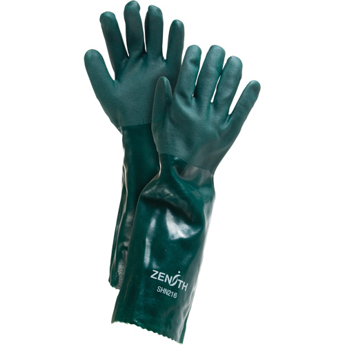 Double Dipped Green Gloves, 18" L, PVC, Cotton Jersey Inner Lining, 70-mil Action Paper