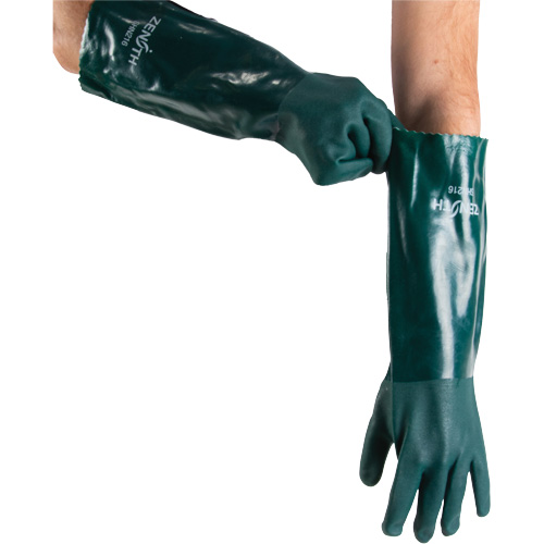 Double Dipped Green Gloves, 18" L, PVC, Cotton Jersey Inner Lining, 70-mil Action Paper