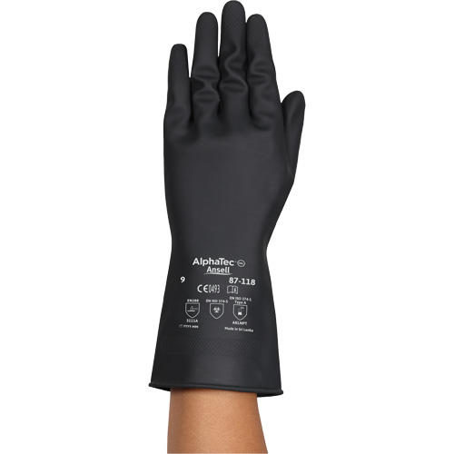 AlphaTec&reg; 87-118 Chemical-Resistance Gloves, Size Small/7, 12.6" L, Rubber Latex, Cotton Inner Lining, 31-mil Action Paper