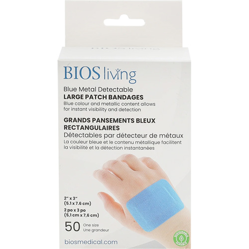 Grands bandages renforc&eacute;s bleus, Rectangulaire/carr&eacute;e, 3", Tissu d&eacute;tectable, St&eacute;rile Action Paper