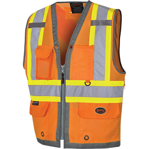Veste de s&eacute;curit&eacute; pour arpenteur Pioneer avec fermeture &agrave; glissi&egrave;re et dos en maille, Orange haute visibilit&eacute;, Petit, Polyester Action Paper