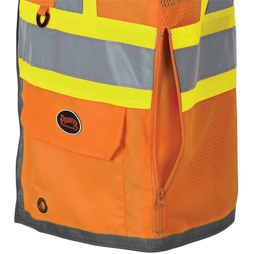 Veste de s&eacute;curit&eacute; pour arpenteur Pioneer avec fermeture &agrave; glissi&egrave;re et dos en maille, Orange haute visibilit&eacute;, Petit, Polyester Action Paper
