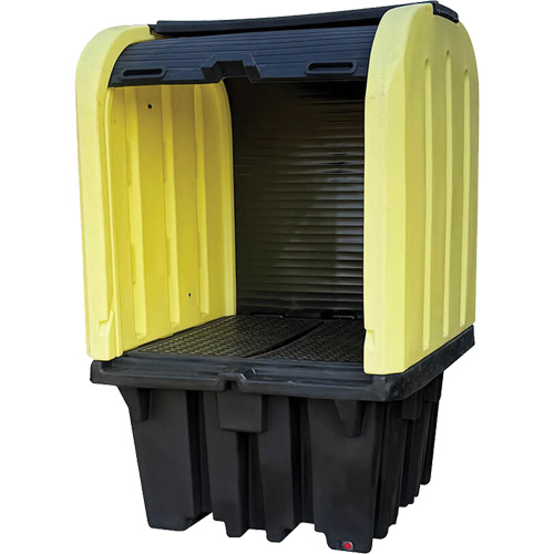 Yellow Roll Top Hardcover Spill Pallet with Drain, 65" L x 65" W x 101" H, 5000 lbs. Load Capacity Action Paper