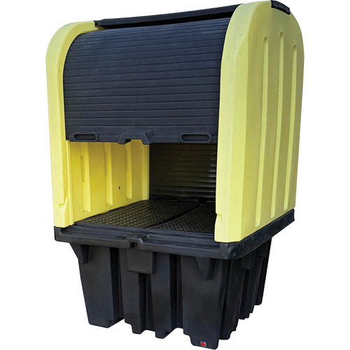 Yellow Roll Top Hardcover Spill Pallet with Drain, 65" L x 65" W x 101" H, 5000 lbs. Load Capacity Action Paper
