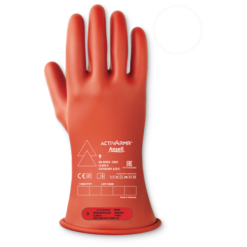ActivArmr&reg; Electrical Insulating Class 0 Gloves, 9, 11" L, Level 1, ASTM D120/ATSM F2675:2021/IEC 614821-2:2014 Action Paper