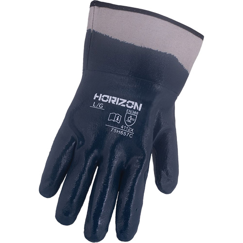 Gants bleu marine avec manchettes renforc&eacute;es &agrave; entoilage coll&eacute; Horizon, T-Grand, R&ecirc;vetement Nitrile, Enveloppe en Jersey/Coton Action Paper