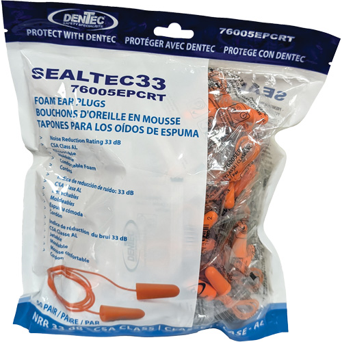 SEALTEC33 Orange Tapered PU Foam Disposable Earplugs, Bulk - Polybag, Corded Action Paper