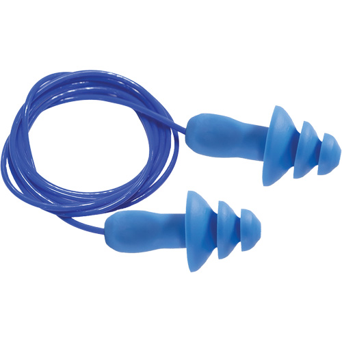 Bouchons d'oreilles r&eacute;utilisables bleus 100 % d&eacute;tectables par m&eacute;tal SEALTEC TipGrip, Avec cordon, Taille unique, Vrac - Boîte, NRR dB 26 dB Action Paper