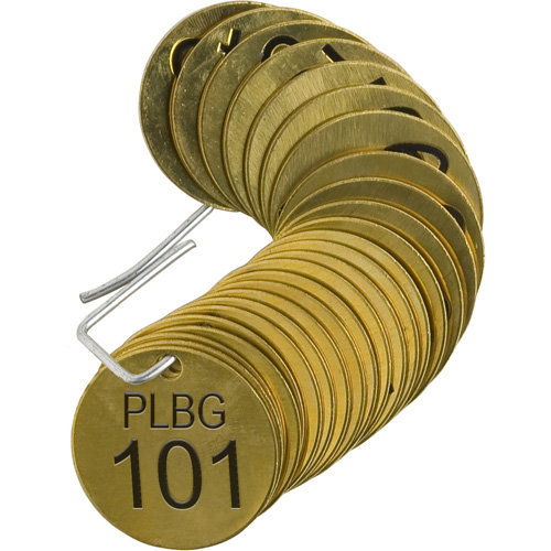 Numbered "PLPG" Valve Tags, # 101-125, Brass, 1.5" dia Action Paper