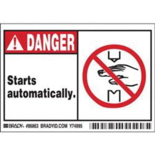 Enseigne Danger Starts Automatically, 3-1/2" x 5", Polyester, Anglais avec pictogramme Action Paper