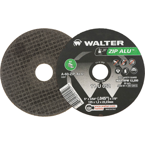 Zip Alu Cut-Off Wheel, 5" x 3/64", 7/8" Arbor, Type 1, Aluminum Oxide, 12200 RPM Action Paper