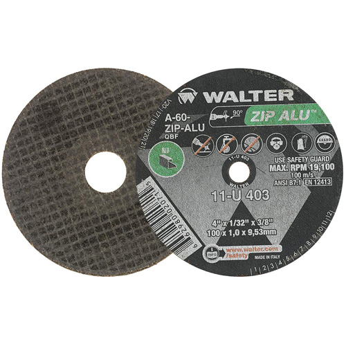 ZIP ALU Cutting Wheel, 4" x 1/32", 3/8" Arbor, Type 1, Aluminum Oxide, 19100 RPM Action Paper