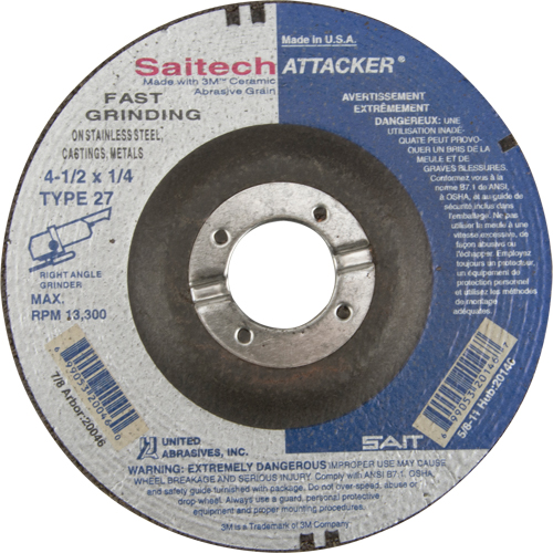 Saitech Attacker&reg; Fast Grinding Wheel, 4-1/2" x 1/4", 7/8" Arbor, Aluminum Oxide/Ceramic, Type 27 Action Paper